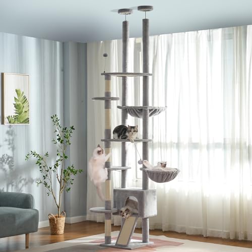 Meowrista Katzenbaum vom Boden bis zur Decke, hoher Katzenturm mit verstellbarer Höhe (200 - 274 cm) mit vollständigem Kratzbaum, Private Wohnung und Hängematte für Indoor-Katzen (Grau, von Meowrista