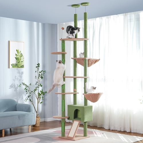 Meowrista Katzenbaum vom Boden bis zur Decke, hoher Katzenturm mit verstellbarer Höhe (200 - 274 cm) mit vollständigem Kratzbaum, Private Wohnung und Hängematte für Indoor-Katzen (Grün, von Meowrista