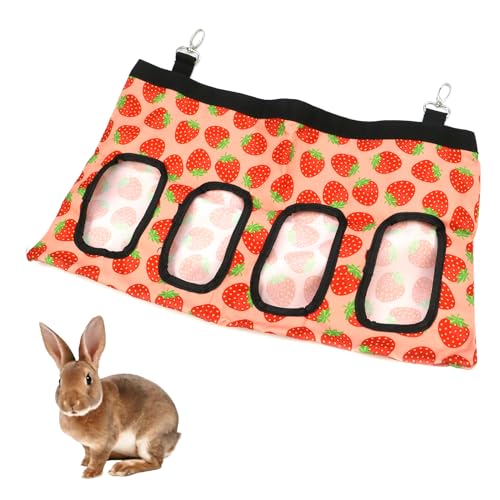 Meprotal Kaninchen Feeder Heu Taschen, Heu Feeder Bag 4 Löcher Hängende Heu Feeder Tasche für Kaninchen Meerschweinchen Chinchilla Hasen Kleintiere (Erdbeere) von Meprotal