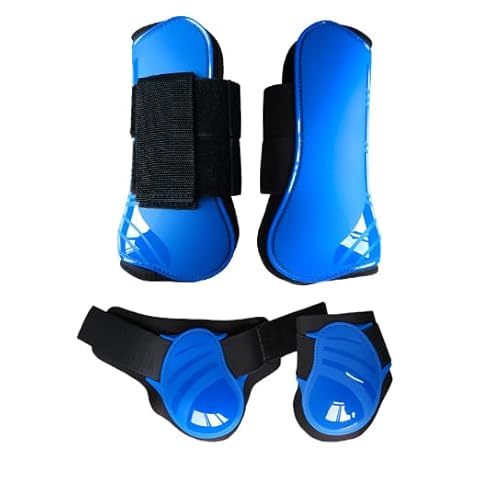 Merauno® Gamaschen Pferde 4er Set Gamaschen Paar für vorne hinter Hartschale und Klettverschluss für Damen& Herren PU Robust Elastisch Tendon Boots Classic (L, Blau) von Merauno