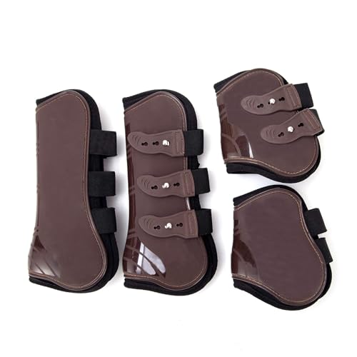 Merauno® Gamaschen Pferde 4er Set Sehne Schützer Fetlock Pferdesprungschutz Vorne Hinter Paar Robust Elastisch PU Shell Neopren Knopfverschluss 2 Paar für Damen& Herren (L(WB), Braun) von Merauno