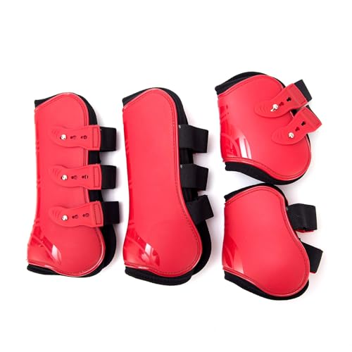 Merauno® Gamaschen Pferde 4er Set Sehne Schützer Fetlock Pferdesprungschutz Vorne Hinter Paar Robust Elastisch PU Shell Neopren Knopfverschluss 2 Paar für Damen& Herren (S(Pony), Rot) von Merauno