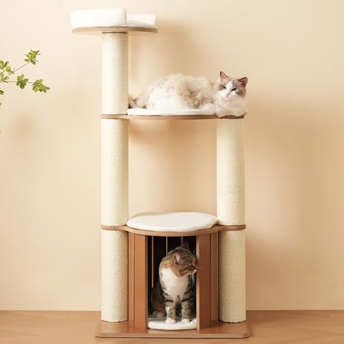 Kratzbaum mit Katzenhaus & Liegeflächen – 3-stöckiger Kletterbaum mit Sisalstämmen, weichen Kissen & Aussichtsplattform – Stabiler großer Katzenbaum für Wohnung & Wohnzimme von Merax