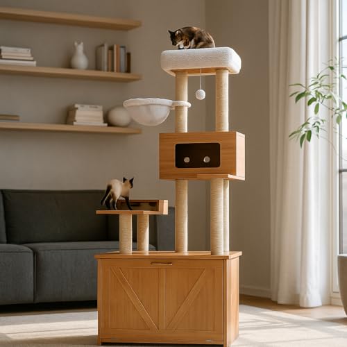 Merax Katzenbaum mit Katzentoilette, Holzoptik, 140cm – Multifunktionaler Kratzbaum mit Schlafhöhle, Aussichtsplattform, Fütterstation & Spielball für Wohnzimmer & Mehrkatzen (Natur, 80 * 50 * 173cm) von Merax