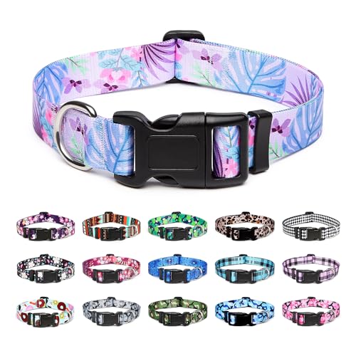 Mercano Hundehalsband Verstellbares, Weich Nylon Komfort & Robuster Gemustertes Hunde Halsband für Kleine Mittlere Große Hunde Welpen Katzen (L, Floral Lila) von Mercano