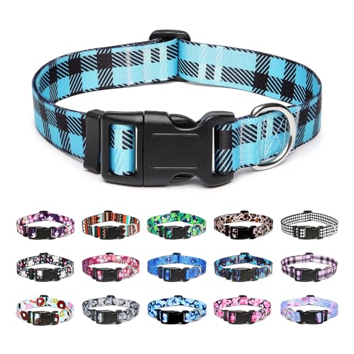 Mercano Hundehalsband Verstellbares, Weich Nylon Komfort & Robuster Gemustertes Hunde Halsband für Kleine Mittlere Große Hunde Welpen Katzen (L, Kariertes Blau) von Mercano