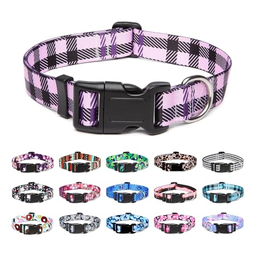 Mercano Hundehalsband Verstellbares, Weich Nylon Komfort & Robuster Gemustertes Hunde Halsband für Kleine Mittlere Große Hunde Welpen Katzen (L, Kariertes Lila) von Mercano