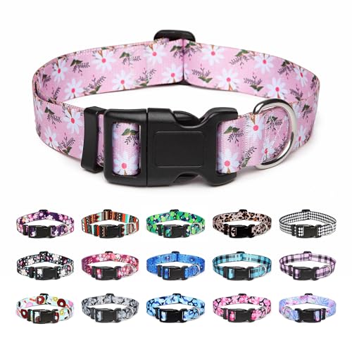 Mercano Hundehalsband Verstellbares, Weich Nylon Komfort & Robuster Gemustertes Hunde Halsband für Kleine Mittlere Große Hunde Welpen Katzen (L, Pink Weiße Blume) von Mercano