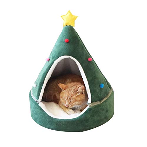 Merkts Katzenhaus mit Weihnachtsbaum, gemütliches süßes dreieckiges Katzennest, kreatives Katzen-Jurte, Haustiernest, für Haustierliebhaber zu Weihnachten, Katzenkätzchen, grün, M von Merkts