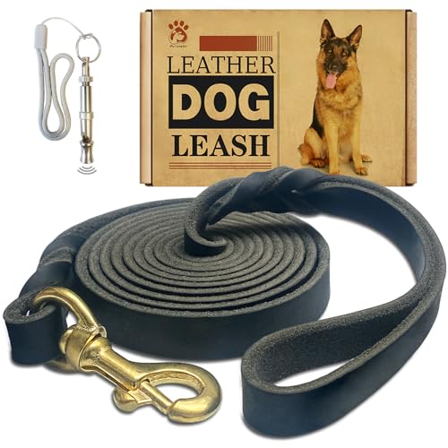 Leder-Hundeleine, 2,4 m x 1,9 cm, robust, geflochtenes Echtleder, weich und bequem für große Hunde, mittelgroße und kleine Hunde, Schwarz, 2,4 m x 1,9 cm von Meruogkar