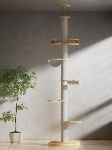 Boden bis zur Decke Katzenbäume Multi-Play Katzen Kletterbäume mit Sisal Kratzbaum, 5 Etagen Katzenkletterturm mit transparenter Kapsel Katzenbett, Deckenhöhe bis zu 112 Zoll von MewJoyee