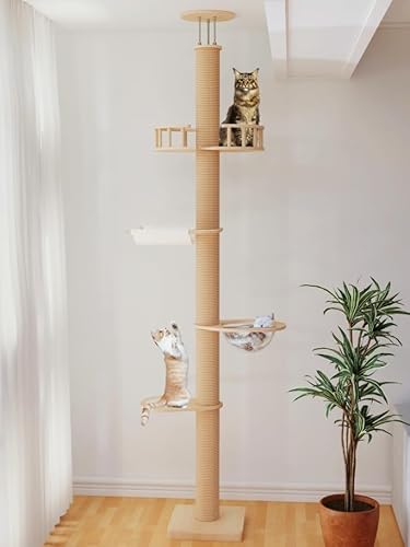 Kratzbaum für Kätzchen und große Katzen, vom Boden bis zur Decke, höhenverstellbar 203 - 280 cm, Holzturm, hoher Aktivitätsbaum für Katzen (Deluxe-Stil 2) von MewJoyee