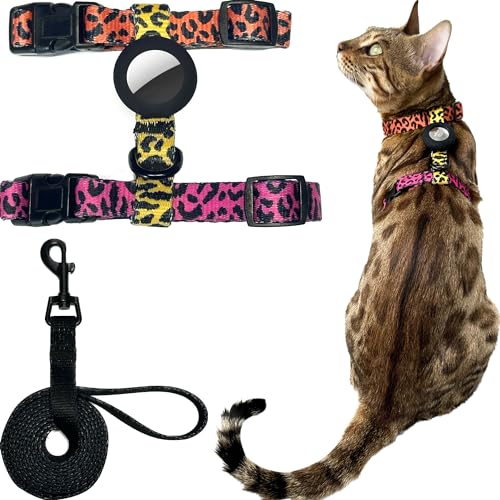 Mewo Katzengeschirr und Leine, Set mit AirTag-Halter – ausbruchsicher, verstellbar und bequem für einfache Kontrolle beim Spazierengehen mit Katzen (Sonnenuntergang) von Mewo