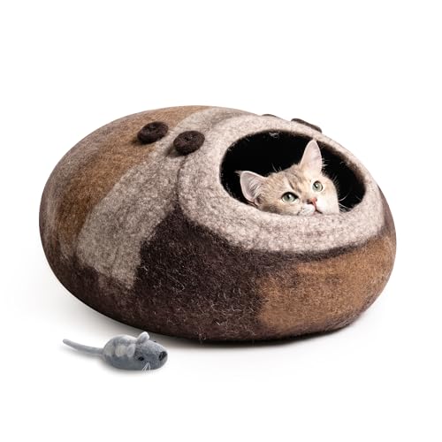 Handgefertigte Katzenhöhle Bett - Wolle Katzenhöhle Bett, Umweltfreundliches Katzenbett Katzenhaus, Filz Katzenhöhle für Indoor Katzen und Kätzchen (Braun-Oval) von Mewoo