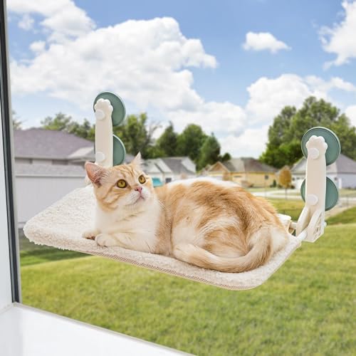 Katzenfenster-Sitzstange, langlebige Katzen-Hängematte für Indoor-Katzen, wendbare Matte, ganzjährig, faltbares Katzenbett, waschbar, hält bis zu 18 kg (S-47x30.5x22.9 cm) Beige) von Mewoo