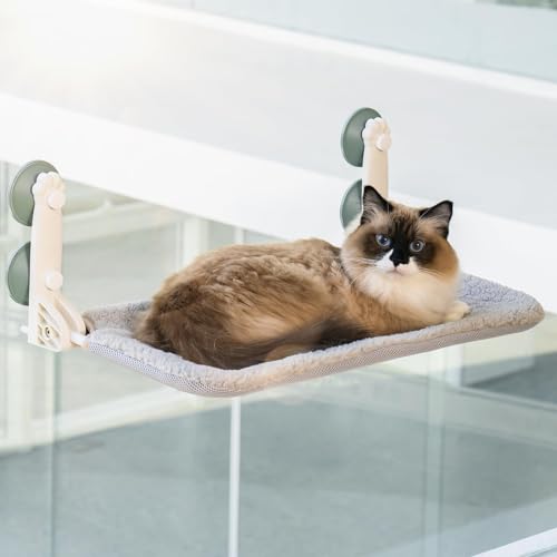 Katzenfenster-Sitzstange für Katzen im Innenbereich, wendbare Matte, ganzjährig, faltbares Katzenbett, bietet rundum Sonnenbad, platzsparend, waschbar, hält bis zu 18 kg (M-53.3x30.5x22.9 cm) Grau) von Mewoo