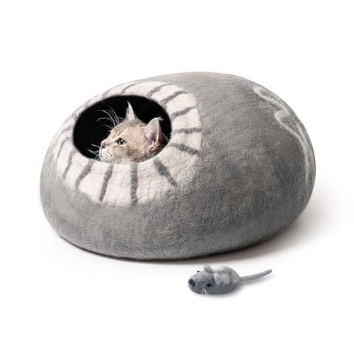 Mewoo Katzenhöhlenbett – Handgefertigtes Katzenbett aus Wolle, umweltfreundliches Katzenhaus Katzenbett, Filz-Katzenhöhle für Indoor-Katzen und Kätzchen (Grau, oval) von Mewoo