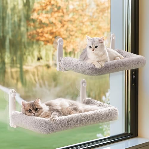 Mewoo 2 x Katzen-Fenstersitzstange, schnurlose Fensterhängematte mit Stahlrahmen und abnehmbarem weichem Bezug, eingebetteter Katzensitz mit 4 starken Saugnäpfen (graues Kissenbett, 2 Stück) von Mewoo
