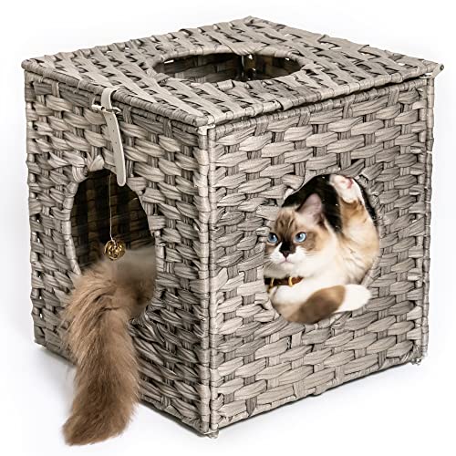 Mewoo Ratten Katzenhaus mit interaktivem Rattan-Ball zum Aufhängen, 4 Stück und Baumwollkissen, geschlossenes Katzenbett, Grau von Mewoo