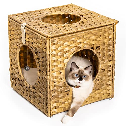 Mewoo Ratten Katzenhaus mit interaktivem Rattan-Ball zum Aufhängen, 4 Stück und Baumwollkissen, geschlossenes Katzenbett, Weizen von Mewoo