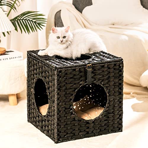 Mewoo Ratten Katzenhaus mit interaktivem Rattan-Ball zum Aufhängen, 4 Stück und Baumwollkissen, geschlossenes Katzenbett, schwarz von Mewoo