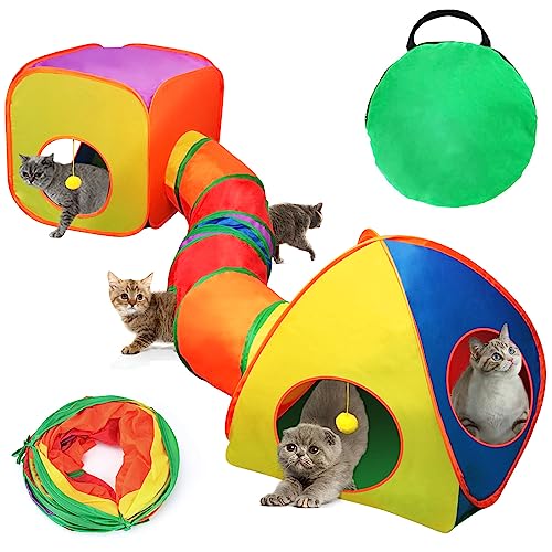 Mfsdai 3 in 1 Katzenspielzeug mit Katzentunnel Katzenwürfel Katzenzelt, Faltbare Pop Up Katzen Tunnel Katze Interaktive Labyrinth Spielzeug mit Aufbewahrungstasche für Katzen/Welpe/Kaninchen von Mfsdai
