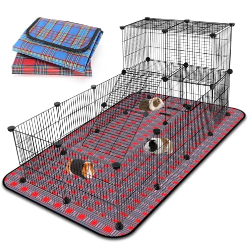 Mfsdai Extra Große Meerschweinchen Käfig Loft mit 2 Wasserdichter Bettwäsche, DIY Erweiterbare Meerschweinchen Laufgitter, Modulare Kleintier Laufgitter mit Matte Für Ratte Chinchilla (24x C&C Panels) von Mfsdai