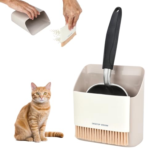 Mfsdai Katzenstreuschaufel mit Halter, Aluminium-Kotschaufel mit ergonomischem langem Griff, inklusive tragbarem, kleinem Besen und Kehrschaufel, schnelles Sieben, leicht zu reinigen, Beige von Mfsdai