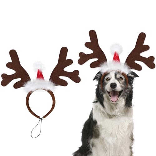 Mfsdai Rentier Haarreif Geweihe Elch Kopfschmuck mit Weihnachtsmütze,Verstellbare Weihnachtskopfbedeckung Verkleidungen & Kostüm Geschenk für Hunde Katzen von Mfsdai