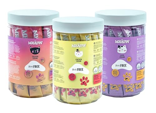 MHAUW Natural Cat Food Mix 90 Cremige Snacks mit Huhn, Lachs und Leber zu je 15 Gr. Ohne künstliche Farb-, Aroma- und Konservierungsstoffe - Super-Sparangebot von Mhauw