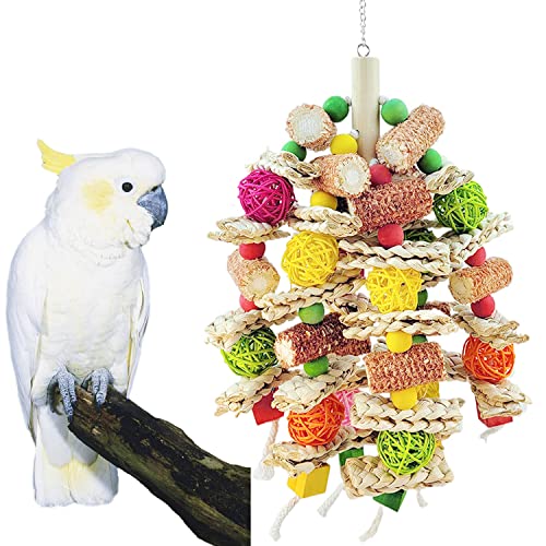 MiDube Vogel-Kauspielzeug für große Papageien aus Holz, Naturstroh, Kauen Molaren Spielzeug Für Papagei Perlen Spielzeug Papagei-Kauknoten-Blöcke für Wellensittiche von MiDube