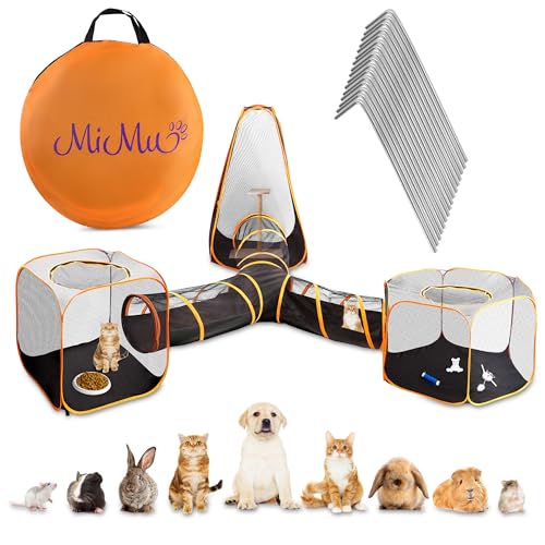 MiMu Hunde-Laufstall für drinnen und draußen, 4-in-1-Katzenzelt mit Übungstunnel – Pop-Up-Reiselaufstall für Welpen, Kätzchen, Kaninchen, Meerschweinchen und kleine Haustiere – tragbarer geschlossener von MiMu