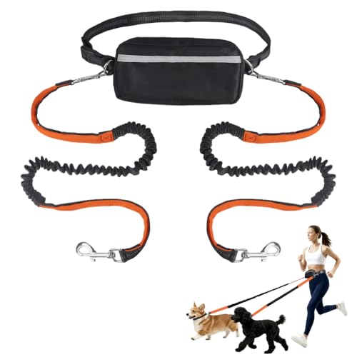 Doppelte Hunde Laufleinen, Verstellbarer Hüftleine Haustierleine mit Stoßdämpfung und Reißverschlusstasche, 360°-Drehung, Hundeleine für Sport, Joggen, Gehen von MiOYOOW