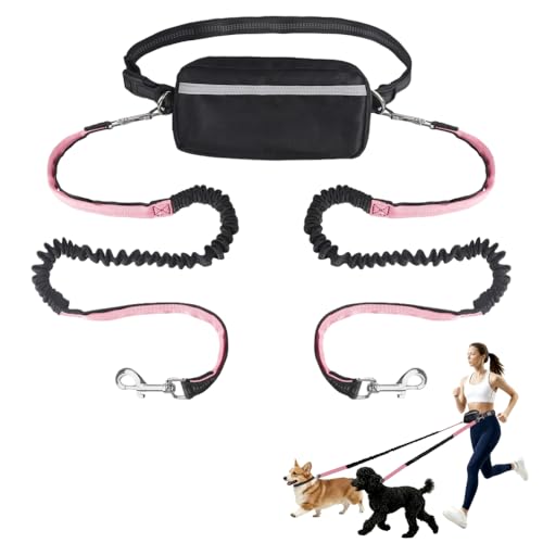 Doppelte Hunde Laufleinen, Verstellbarer Hüftleine Haustierleine mit Stoßdämpfung und Reißverschlusstasche, 360°-Drehung, Hundeleine für Sport, Joggen, Gehen von MiOYOOW