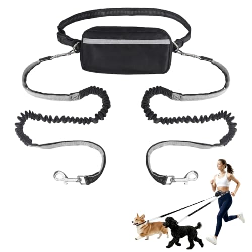 Doppelte Hunde Laufleinen, Verstellbarer Hüftleine Haustierleine mit Stoßdämpfung und Reißverschlusstasche, 360°-Drehung, Hundeleine für Sport, Joggen, Gehen von MiOYOOW
