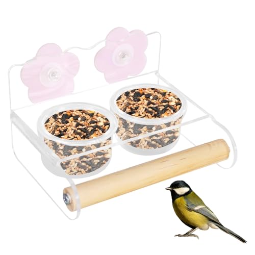 Vogel Futter-und Wassernapf, Vogelkäfig Futterbehälter, 2 Schüsseln, Vogelfutternapf für Papageien aus Acryl mit Sitzstange aus Holz für Kleine Vögel, Sittiche, Nymphensittiche von MiOYOOW