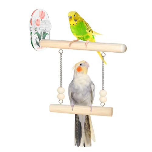 Vogelschaukel Spielzeug, Vogelsitzstange mit Saugnapf, Haustier Vogelkäfig Holz Kletterspielzeug für Kleine und Mittelgroße Vögel, Wellensittiche Kakadus Unzertrennliche Kanarienvögel Finken von MiOYOOW