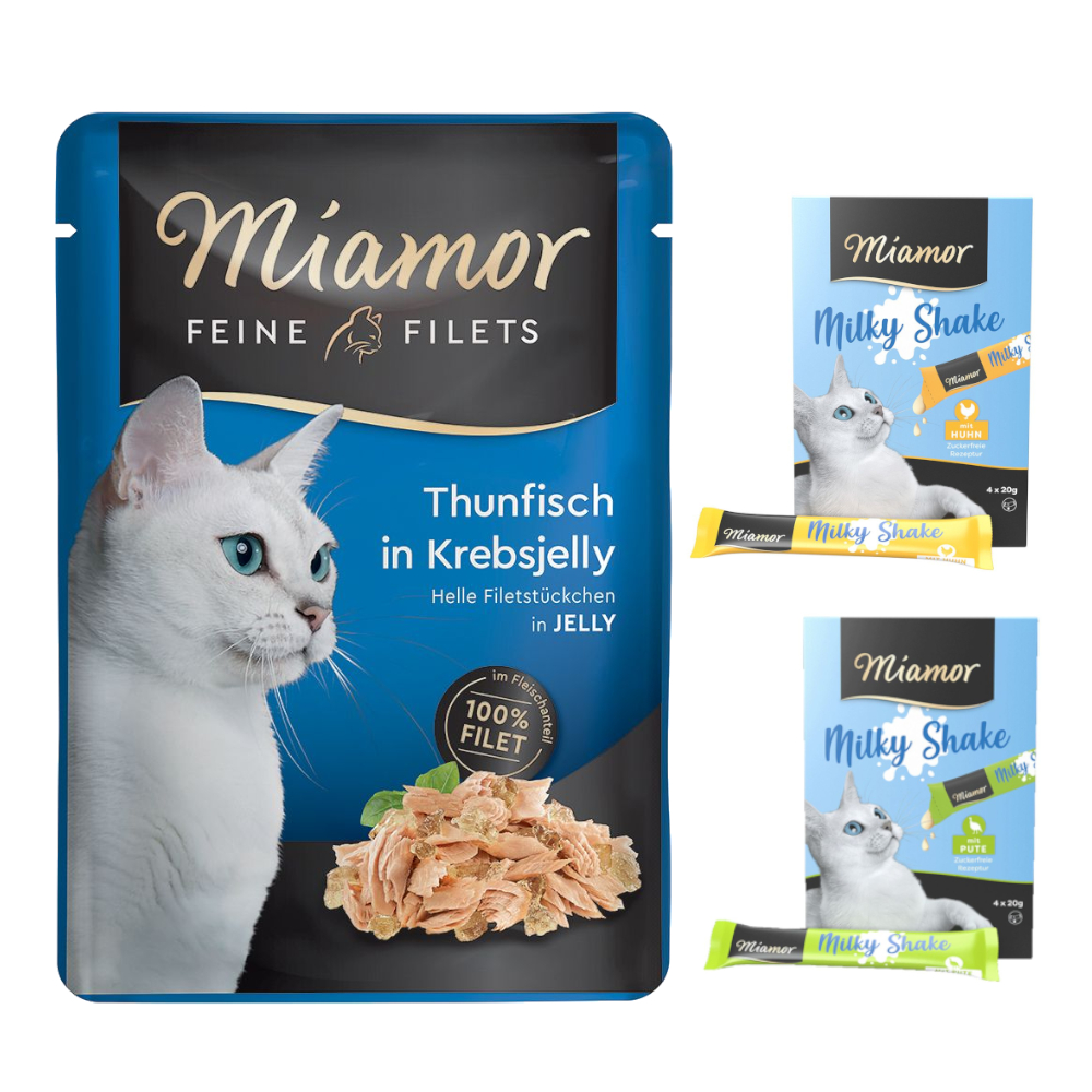 24 x 100 g Miamor Feine Filets + 8 x 20 g Milky Shake gratis! - Thunfisch in Krebsjelly von Miamor