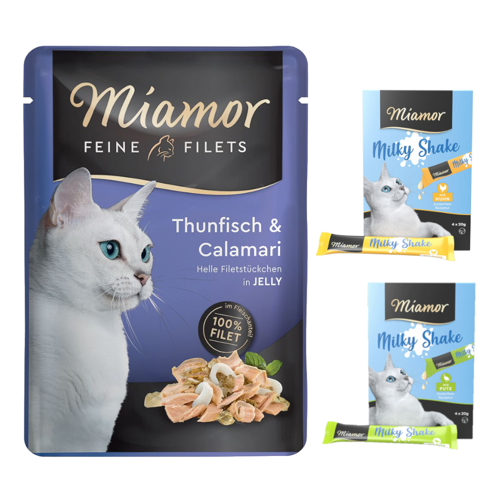 24 x 100 g Miamor Feine Filets + 8 x 20 g Milky Shake gratis! - Thunfisch & Calamari von Miamor