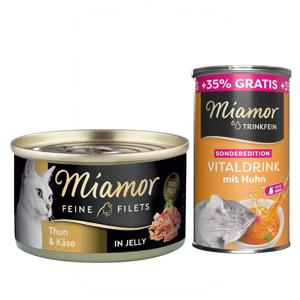 6 x 100 g Miamor Feine Filets Nassfutter + 185 ml Trinkfein Vitaldrink gratis! - Thunfisch & Käse in Jelly von Miamor