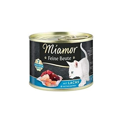 MIAMOR - Feine Beute | Nassfutter für ausgewachsene Katzen mit 7 Sorten Fleisch und Innereien. Getreidefreies Alleinfutter mit Taurin in der Dose ohne künstliche Zusätze | 12x185g Lachs von Miamor