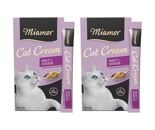 Miamor Cat Cream Malt & Cheese | leckerer Snack für Katzen mit Malzextrakten und Käse | Anti Hairball | Verdauungsfördernd | Doppelpack (2 Tafeln zu je 6x15g) von Miamor