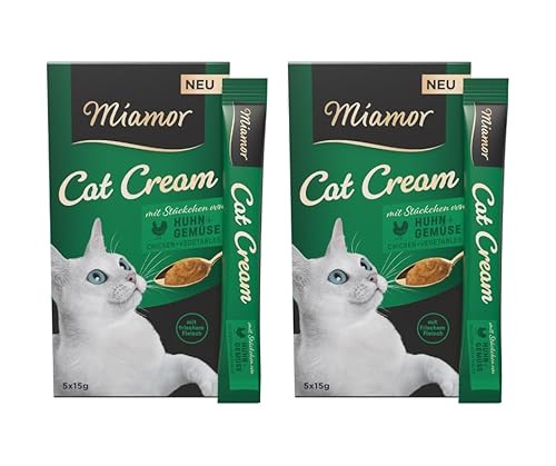 Miamor Cat Cream mit Stückchen von Huhn & Gemüse | leckerer Snack für Katzen mit frischem Fleisch und Gemüsestückchen | zart im Geschmack | Doppelpack (2 Tafeln zu je 5x15g) von Miamor