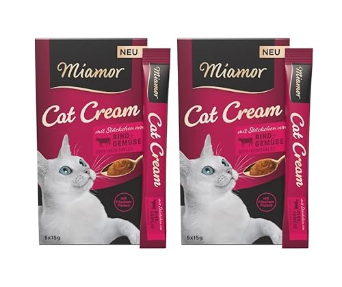 Miamor Cat Cream mit Stückchen von Rind & Gemüse | leckerer Snack für Katzen mit frischem Fleisch und Gemüsestückchen | zart im Geschmack | Doppelpack (2 Tafeln zu je 6x15g) von Miamor