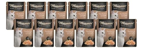 Miamor Feine Filets in Jelly 12 x 100g Thunfisch in Lachsjelly | Getreidefrei, Fettarm, Ohne Zucker & Nebenerzeugnisse, Hochwertige Filetstückchen | im Frischebeutel | Nassfutter für Katzen von Miamor