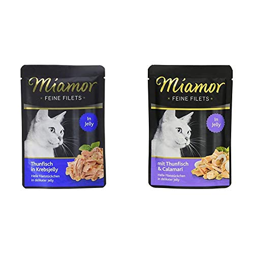 Miamor Feine Filets in Jelly Pouch Thunfisch in Krebsjelly, 24er Pack (24 x 100 g) & Katzenfutter Feine Filets Thunfisch & Calamaris 100 g, 24er Pack (24 x 100 g) von Miamor