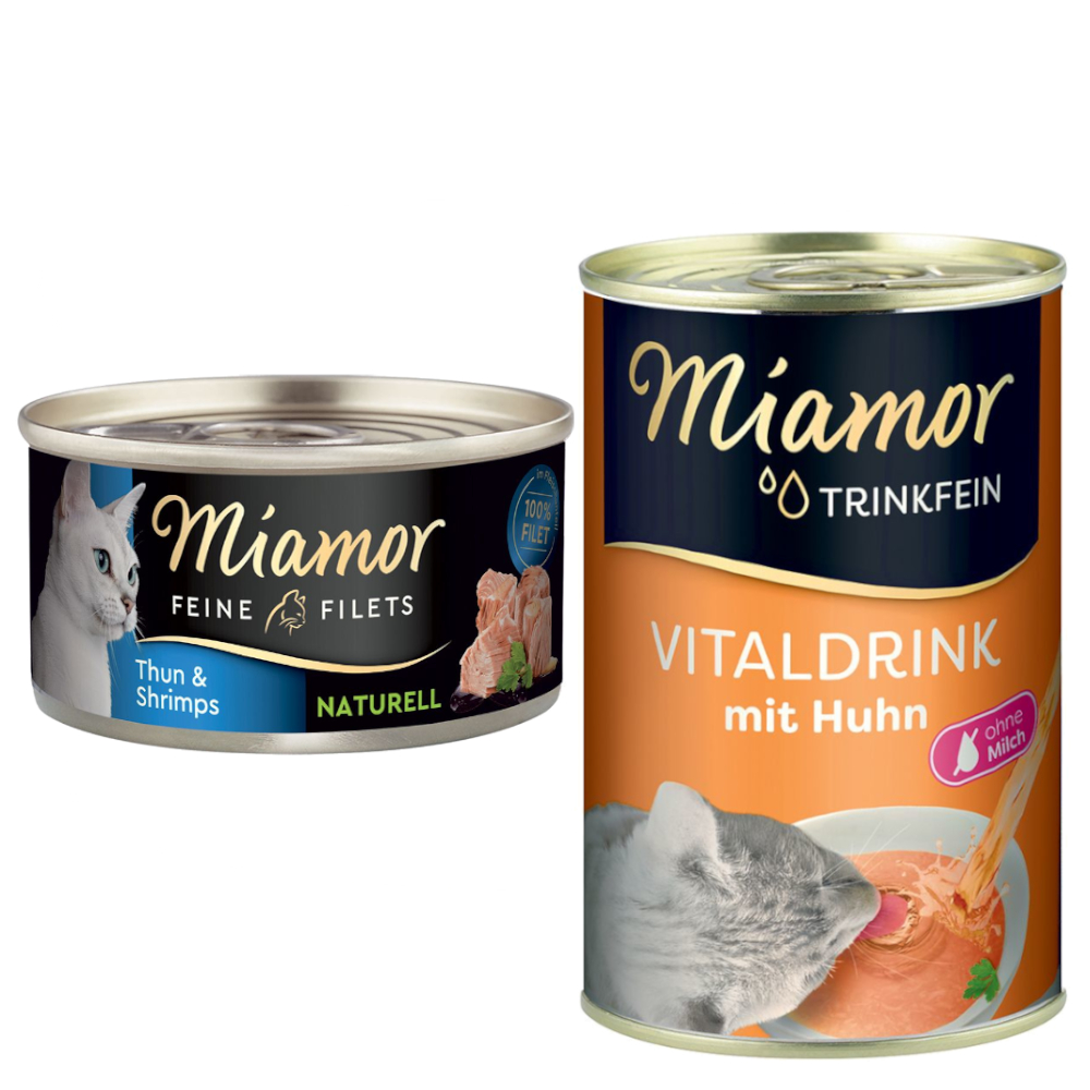 Miamor Kombi-Paket: Feine Filets Naturelle 12 x 80 g + Trinkfein Vitaldrink 6 x 135 ml - Feine Filets Thunfisch & Shrimps + Vitaldrink mit Huhn Miamor Kombi-Paket: Feine Filets Naturelle 12 x 80 g + Trinkfein Vitaldrink 6 x 135 ml - Feine Filets Thunfisch & Shrimps + Vitaldrink mit Huhn von Miamor