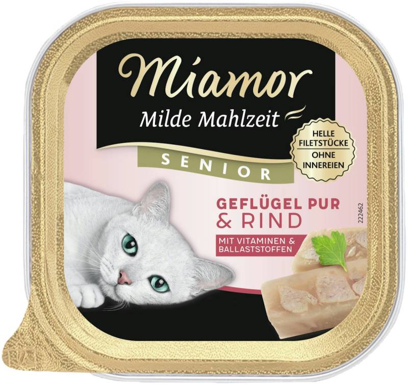 Miamor Milde Mahlzeit 100g Schale Katzennassfutter Sparpaket 32 x 100 Gramm Senior Rind & Huhn