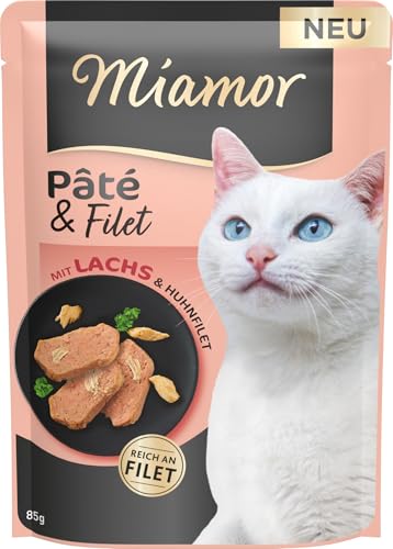 Miamor – Pâté & Filet | Nassfutter für ausgewachsene Katzen mit zarten Filetstückchen. Getreide-, Zucker- und glutenfreies Alleinfutter in der Dose ohne Zusätze | 10x85g Lachs & Huhnfilet von Miamor