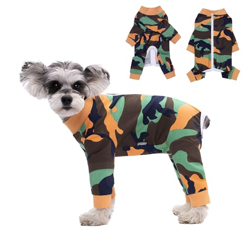 Camouflage-Hunde-Body für männliche Hunde, kleine und mittelgroße Hunde, Reißverschluss am Rücken, nach dem Spay, Genesungsanzug, Welpen, Katzen, langärmeliger Einteiler nach Operationen, Wundschutz von Miaododo